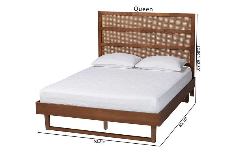 Blanchard Mid-Century Walnut Brown Finished Wood King Size Platform Bed w/Woven Rattan