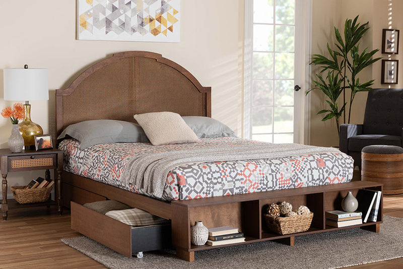 Walker Walnut Brown Wood and Rattan Queen Size Storage Bed Baxton