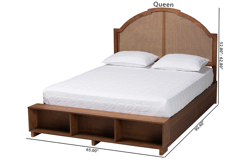 Walker Walnut Brown Wood and Rattan King Size Storage Bed Baxton