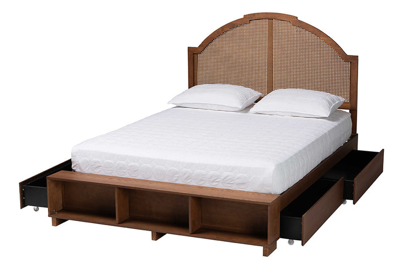 Walker Walnut Brown Wood and Rattan Queen Size Storage Bed Baxton
