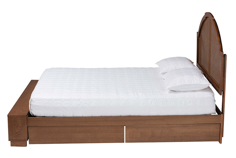 Walker Walnut Brown Wood and Rattan Queen Size Storage Bed Baxton