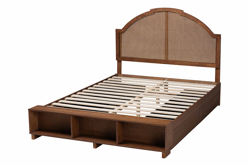 Walker Mid-Century Walnut Brown Wood and Rattan King Size Storage Bed