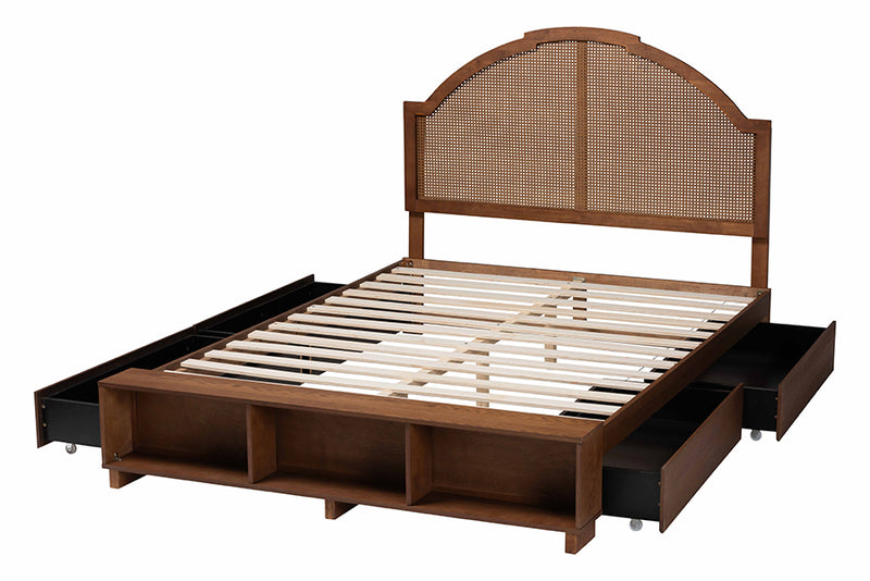 Walker Mid-Century Walnut Brown Wood and Rattan Queen Size Storage Bed