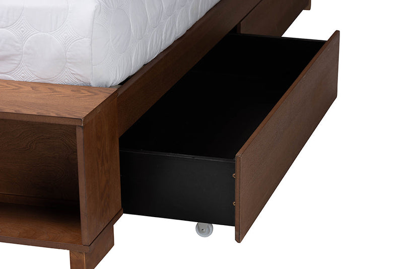 Walker Walnut Brown Wood and Rattan Queen Size Storage Bed Baxton