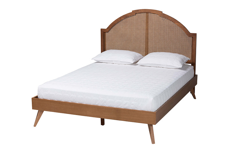 Devika Mid-Century Walnut Brown Wood and Rattan King Size Platform Bed