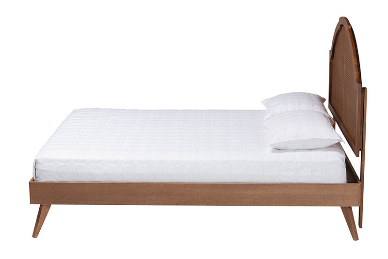 Devika Walnut Brown Wood and Rattan Queen Size Platform Bed Baxton