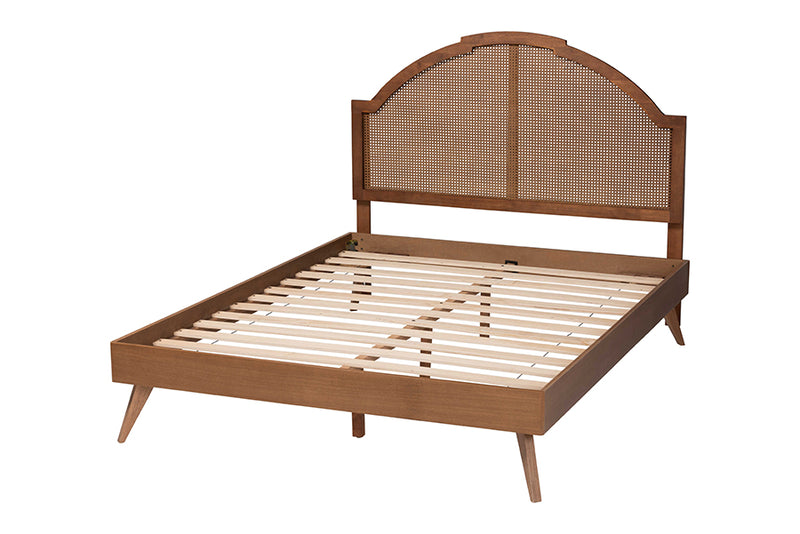 Devika Mid-Century Walnut Brown Wood and Rattan King Size Platform Bed