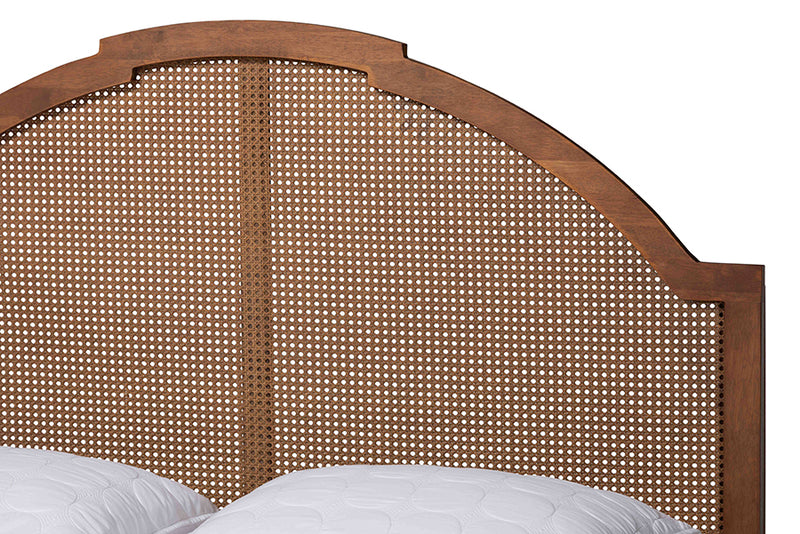 Devika Mid-Century Walnut Brown Wood and Rattan King Size Platform Bed