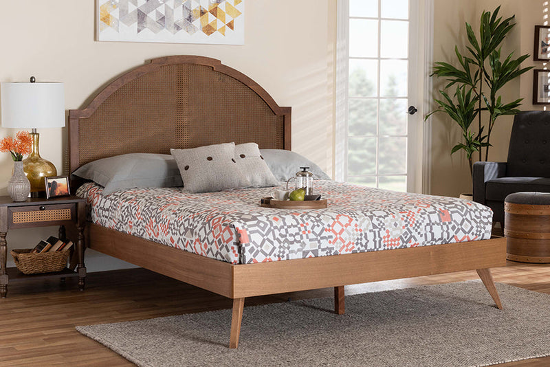 Devika Walnut Brown Wood and Rattan Queen Size Platform Bed Baxton