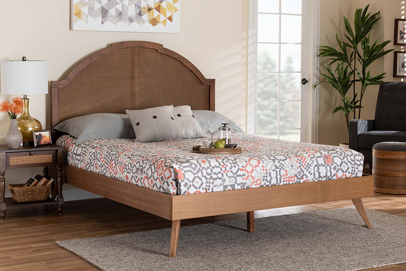 Devika Mid-Century Walnut Brown Wood and Rattan King Size Platform Bed