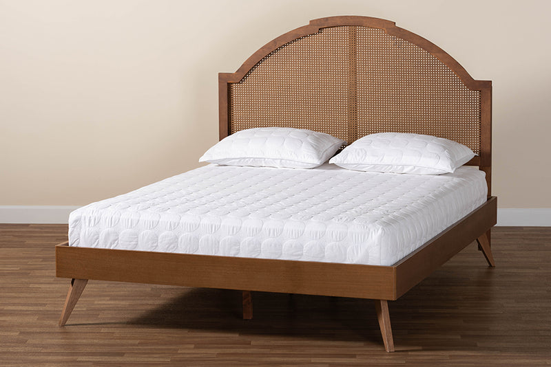 Devika Mid-Century Walnut Brown Wood and Rattan King Size Platform Bed