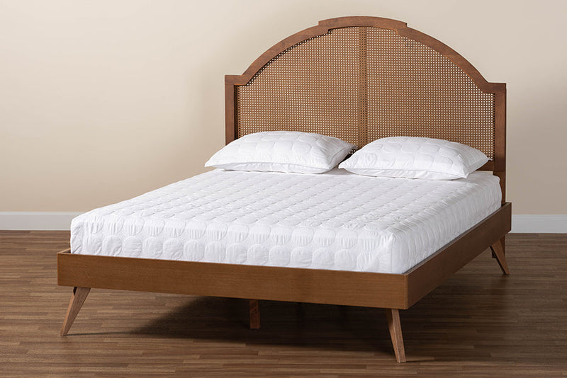 Devika Walnut Brown Wood and Rattan Queen Size Platform Bed Baxton
