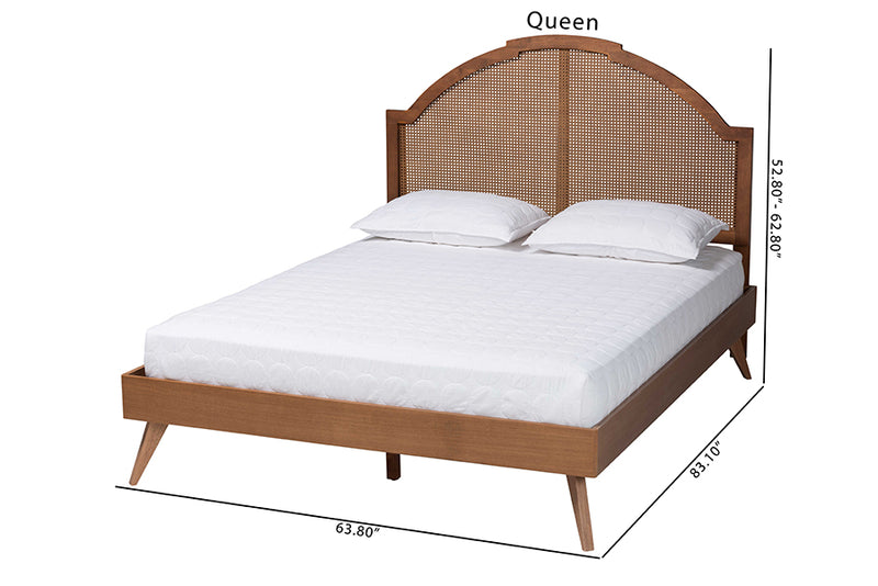 Devika Mid-Century Walnut Brown Wood and Rattan King Size Platform Bed