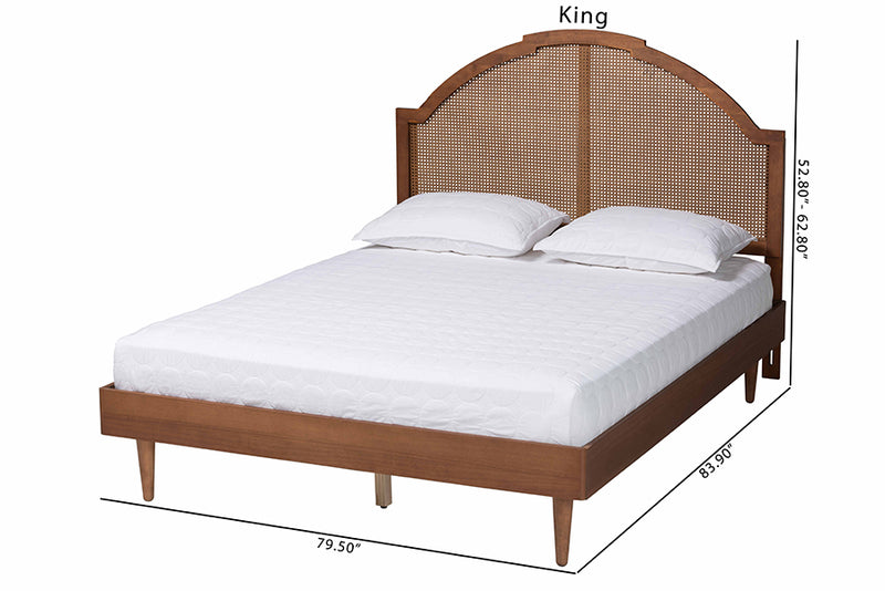 Leyton Mid-Century Walnut Brown Wood and Rattan King Size Platform Bed