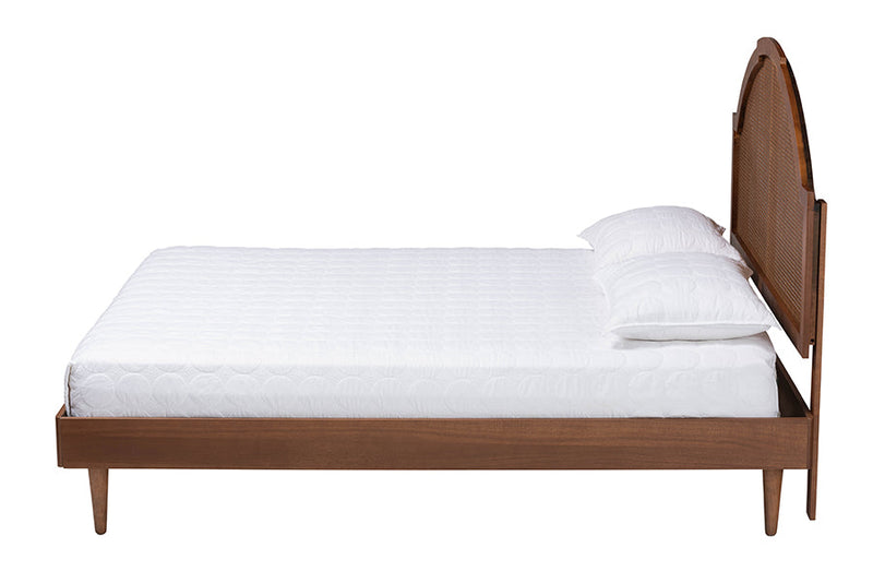 Leyton Walnut Brown Wood and Rattan Queen Size Platform Bed Baxton