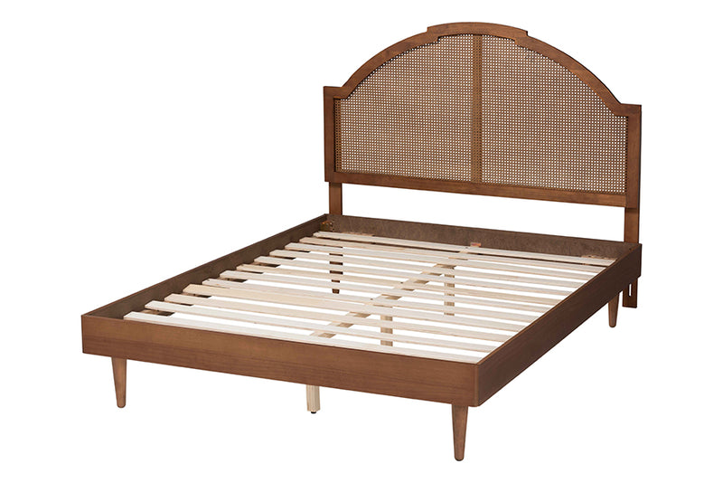 Leyton Mid-Century Walnut Brown Wood and Rattan King Size Platform Bed