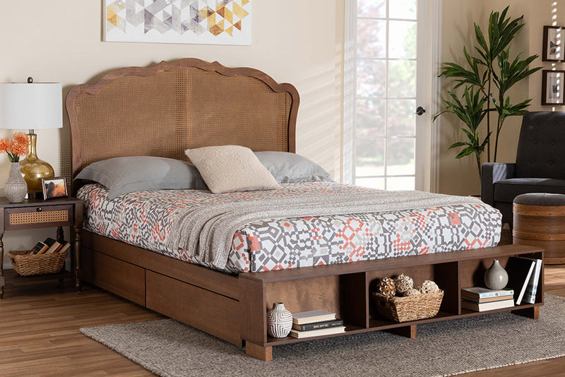 Hanson Walnut Brown Wood and Rattan Queen Size Storage Bed Baxton