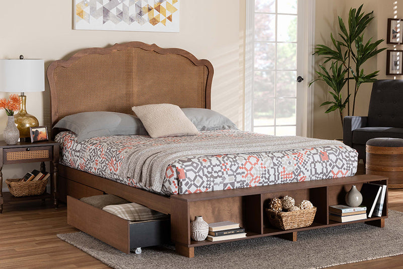 Hanson Walnut Brown Wood and Rattan Queen Size Storage Bed Baxton