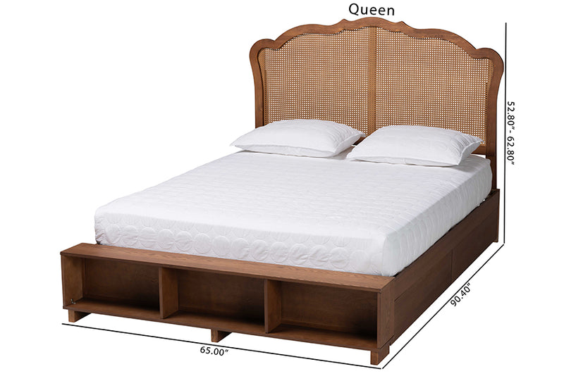 Hanson Mid-Century Walnut Brown Wood and Rattan Queen Size Storage Bed