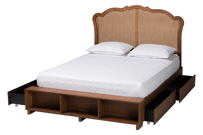 Hanson Walnut Brown Wood and Rattan Queen Size Storage Bed Baxton
