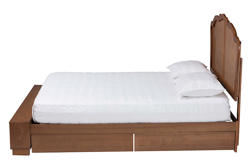 Hanson Walnut Brown Wood and Rattan Queen Size Storage Bed Baxton