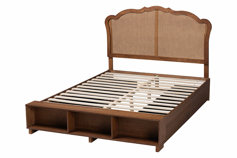 Hanson Mid-Century Walnut Brown Wood and Rattan King Size Storage Bed