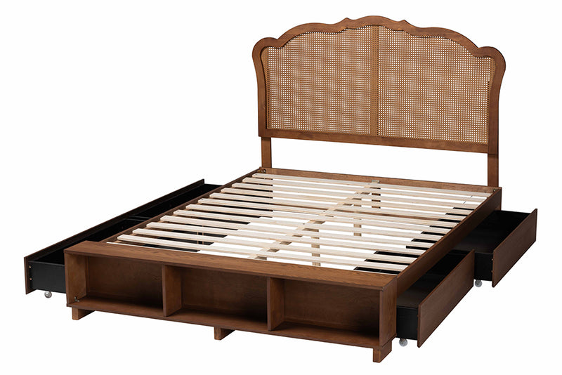 Hanson Mid-Century Walnut Brown Wood and Rattan King Size Storage Bed