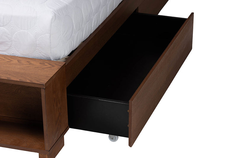 Hanson Walnut Brown Wood and Rattan Queen Size Storage Bed Baxton