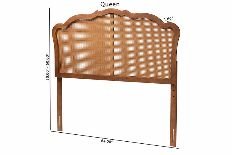 Fedra Classic and Traditional Ash Walnut Finished Wood Queen Size Headboard w/Rattan