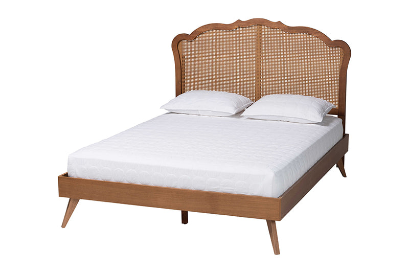 Lanoma Mid-Century Walnut Brown Wood and Rattan King Size Platform Bed