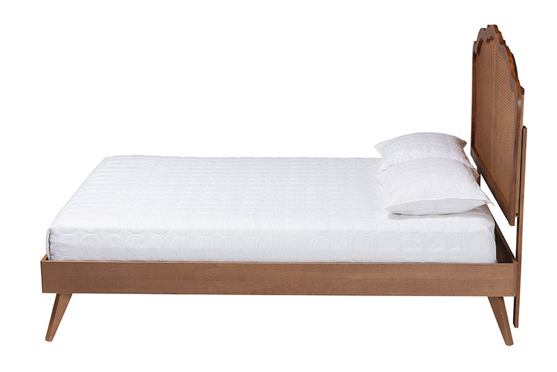 Lanoma Walnut Brown Wood and Rattan Queen Size Platform Bed Baxton