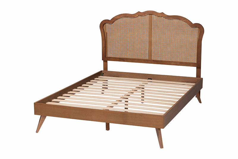 Lanoma Mid-Century Walnut Brown Wood and Rattan King Size Platform Bed