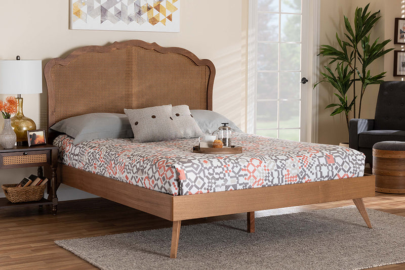 Lanoma Mid-Century Walnut Brown Wood and Rattan King Size Platform Bed