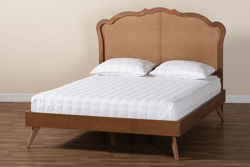 Lanoma Mid-Century Walnut Brown Wood and Rattan King Size Platform Bed