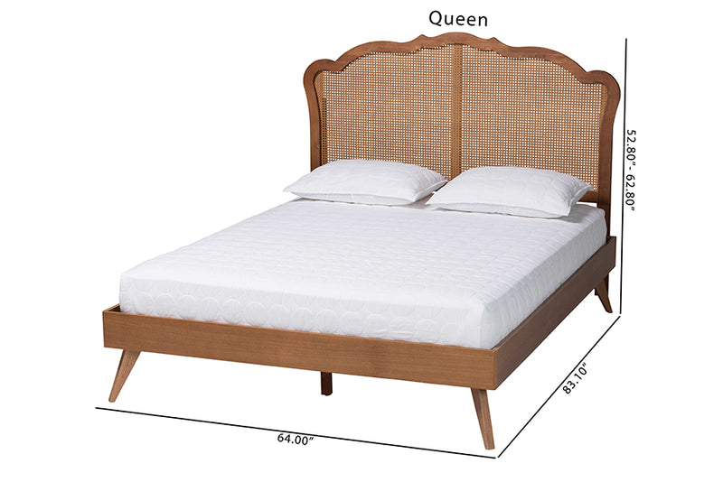 Lanoma Mid-Century Walnut Brown Wood and Rattan King Size Platform Bed