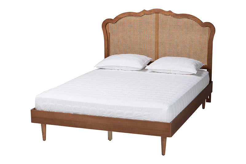 Roldan Mid-Century Walnut Brown Wood and Rattan King Size Platform Bed