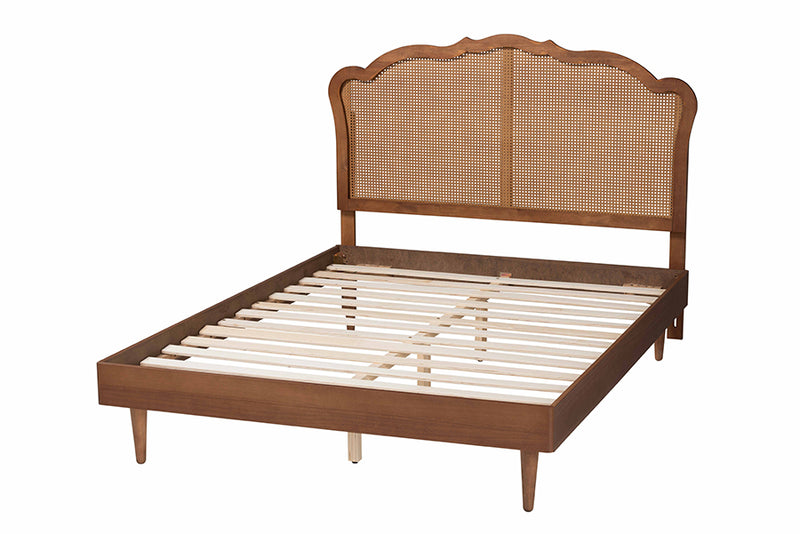 Roldan Mid-Century Walnut Brown Wood and Rattan King Size Platform Bed