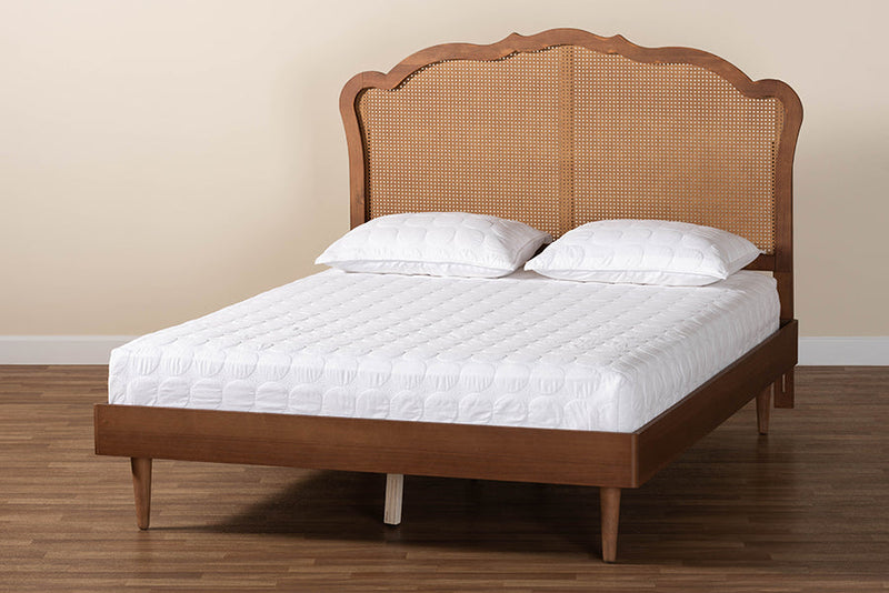 Roldan Walnut Brown Wood and Rattan Queen Size Platform Bed Baxton