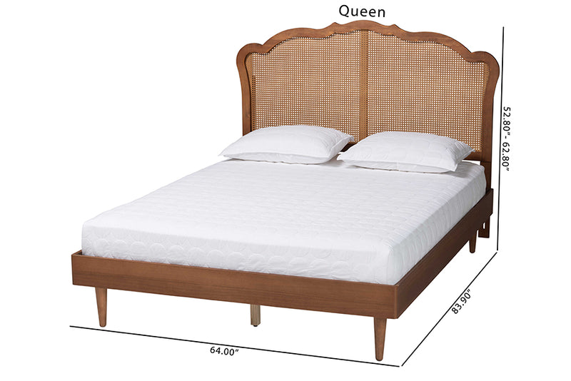 Roldan Mid-Century Walnut Brown Wood and Rattan King Size Platform Bed