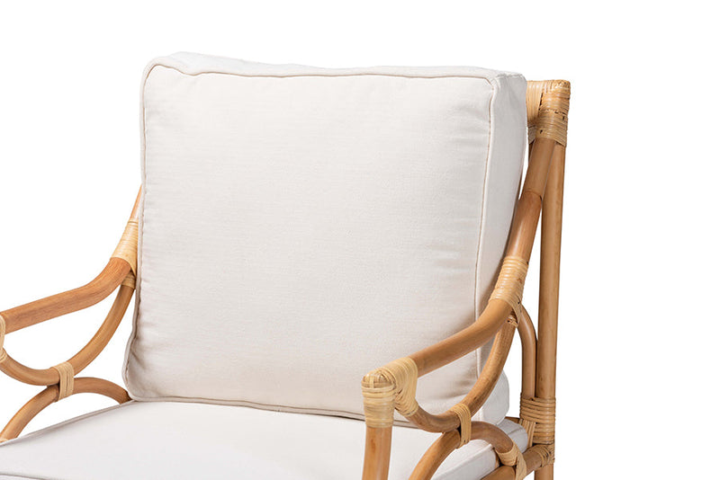 Legende White Fabric Upholstered and Natural Brown Rattan Armchair Baxton