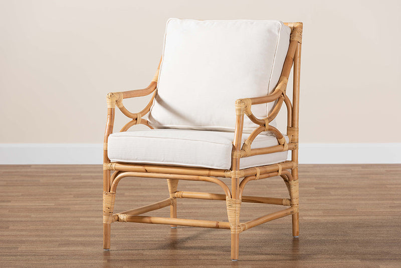 Legende White Fabric Upholstered and Natural Brown Rattan Armchair Baxton