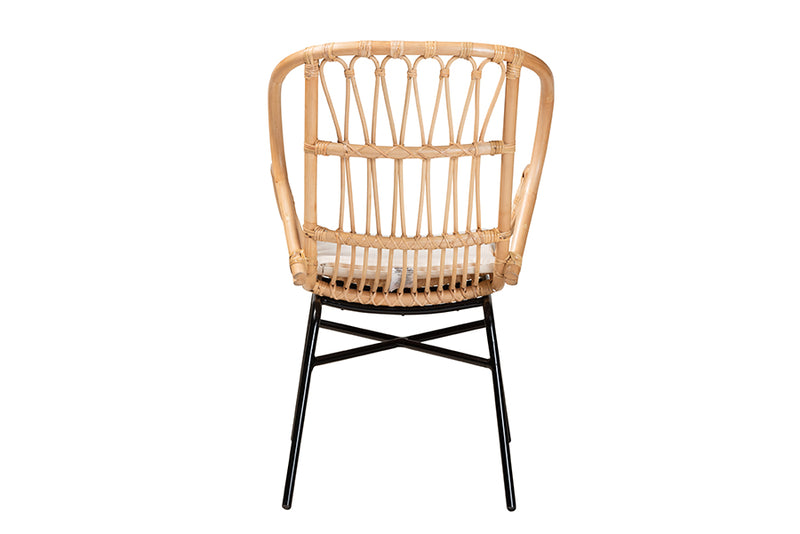 Basira Modern Bohemian Natural Brown Rattan and Black Metal Chair