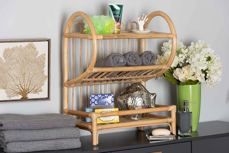 Blanca Modern Bohemian Natural Brown Finished Rattan 2-Tier Display Shelf