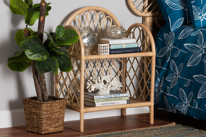 Kristy Modern Bohemian Natural Brown Rattan 2-Tier Display Shelf