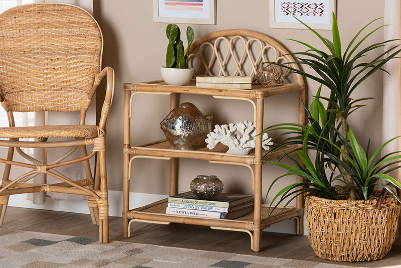 Sandrine Modern Bohemian Natural Brown Rattan 3-Tier Display Shelf