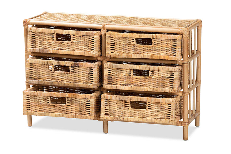 Sorley Natural Brown Rattan 6-Drawer Storage Cabinet Baxton