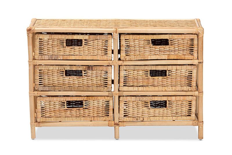 Sorley Natural Brown Rattan 6-Drawer Storage Cabinet Baxton