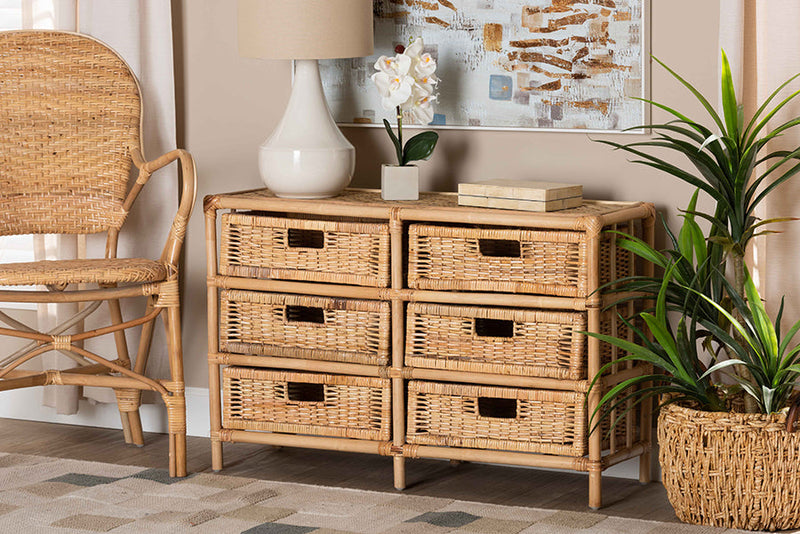 Sorley Natural Brown Rattan 6-Drawer Storage Cabinet Baxton