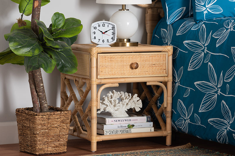 Layla Modern Bohemian Natural Brown Rattan 1-Drawer Nightstand