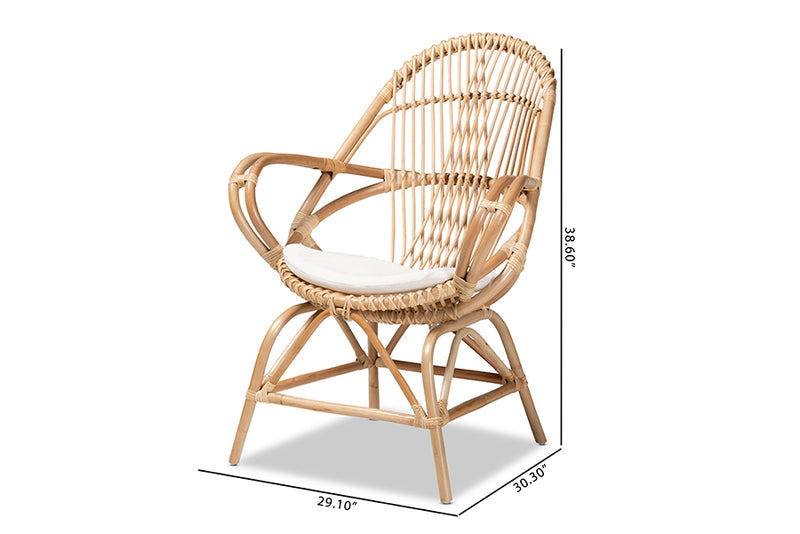 Nissa Modern Bohemian White Fabric Upholstered and Natural Brown Finished Rattan Accent Chair